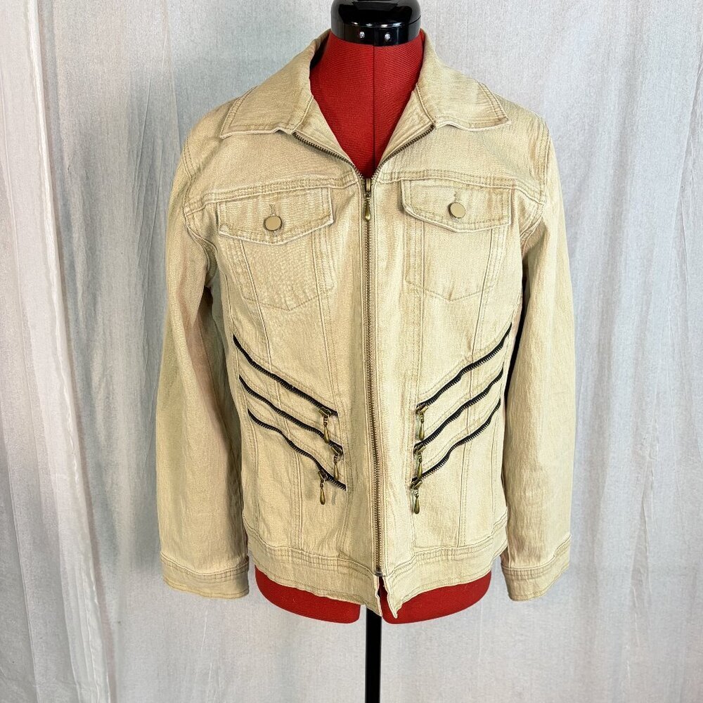 DG2 Womens Jacket Size Medium Beige Denim Jean Trucker Zip Up Stretch